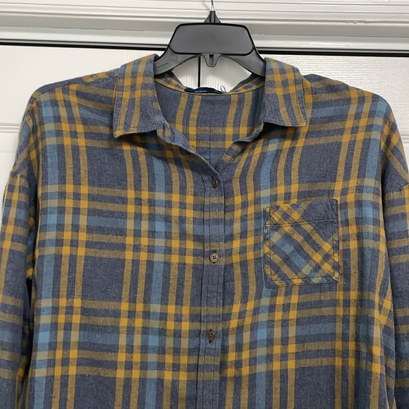 EUC Prana women’s Button Down Plaid Flannel Shirt yellow/blue/grey Sz XL - Picture 2 of 13